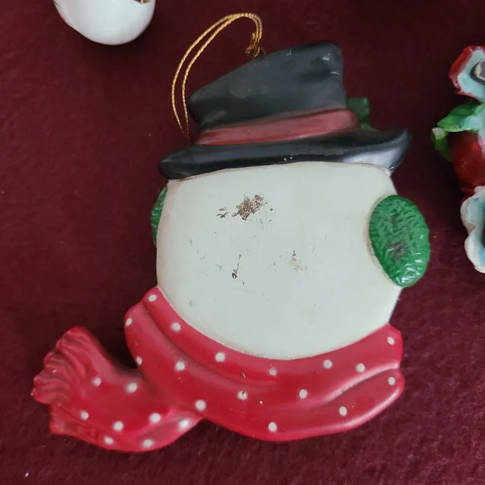 Vintage Winter Snowman Christmas Ornaments and Stocking Hanger Bundle of 8
